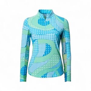 Ibkul Seafoam Green Dots Swirl Mock Neck Golf Sun Shirt Size Small